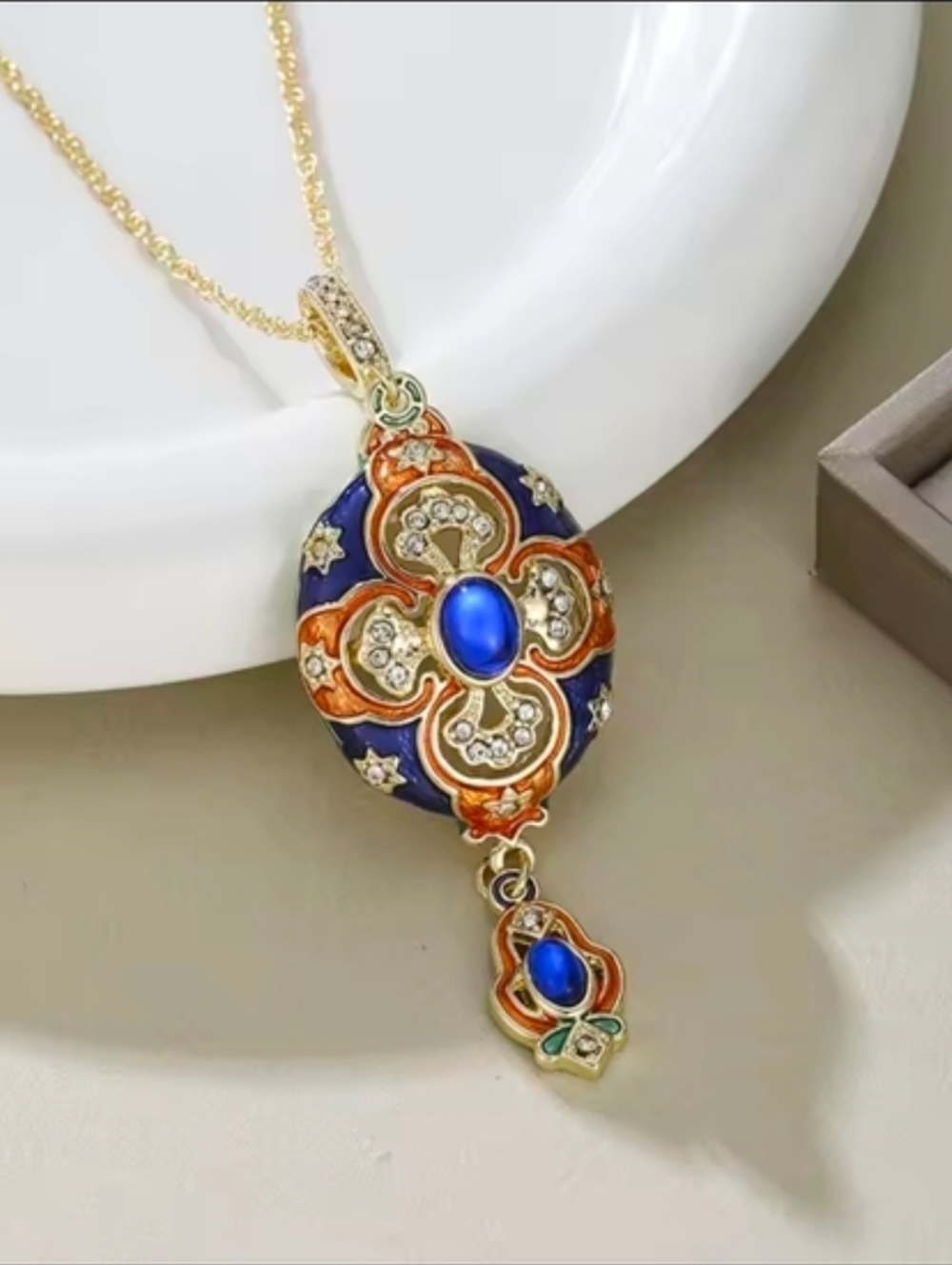 Gold-Tone Blue and Orange Enamel Pendant Necklace - Picture 2 of 6